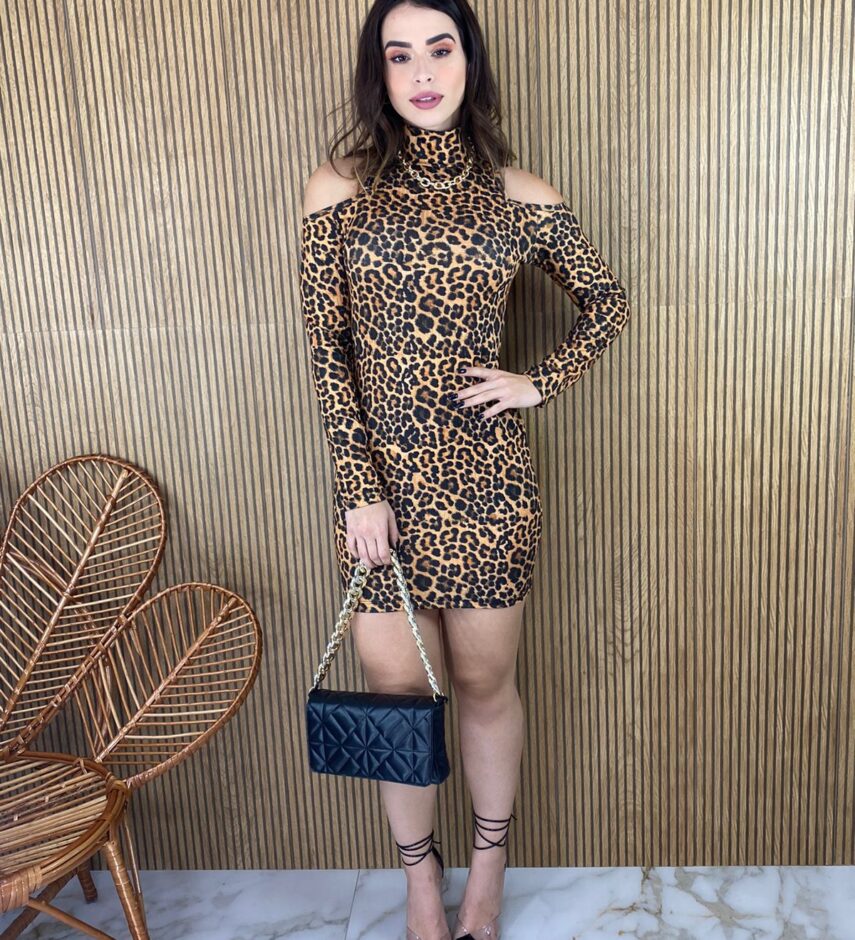 Vestido Curto Feminino Manga Longa Animal Print - Fernanda Ramos Store