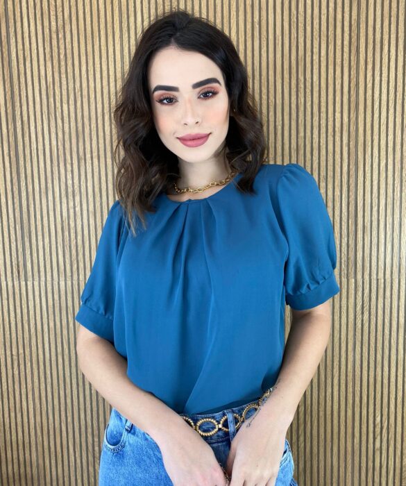 fernandaramosstore com br blusa feminina manga curta detalhe em pregas azul