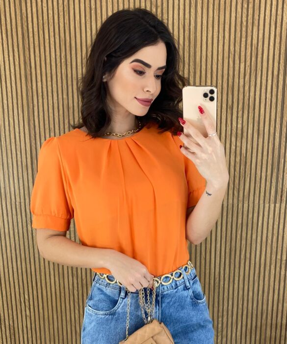 fernandaramosstore com br blusa feminina manga curta detalhe em pregas laranja