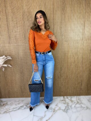 Blusa Manga em Renda Canelada Laranja Queimado - Fernanda Ramos Store