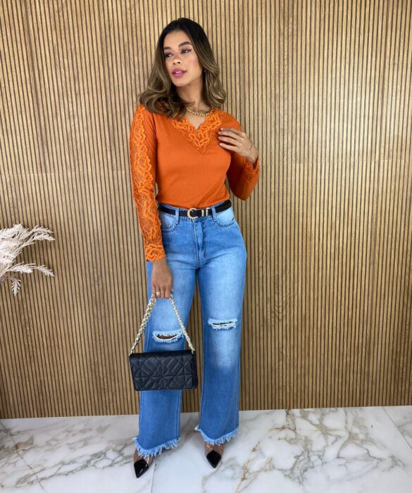 Blusa Manga em Renda Canelada Laranja Queimado - Fernanda Ramos Store