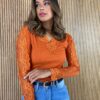 Blusa Manga em Renda Canelada Laranja Queimado - Fernanda Ramos Store