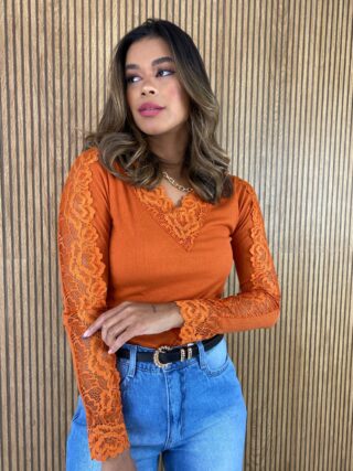 Blusa Manga em Renda Canelada Laranja Queimado - Fernanda Ramos Store