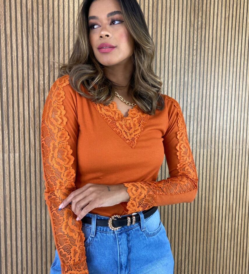 Blusa Manga em Renda Canelada Laranja Queimado - Fernanda Ramos Store