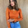 Blusa Manga em Renda Canelada Laranja Queimado - Fernanda Ramos Store