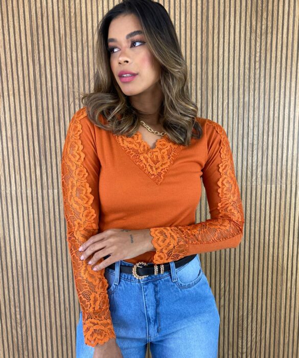 Blusa Manga em Renda Canelada Laranja Queimado - Fernanda Ramos Store