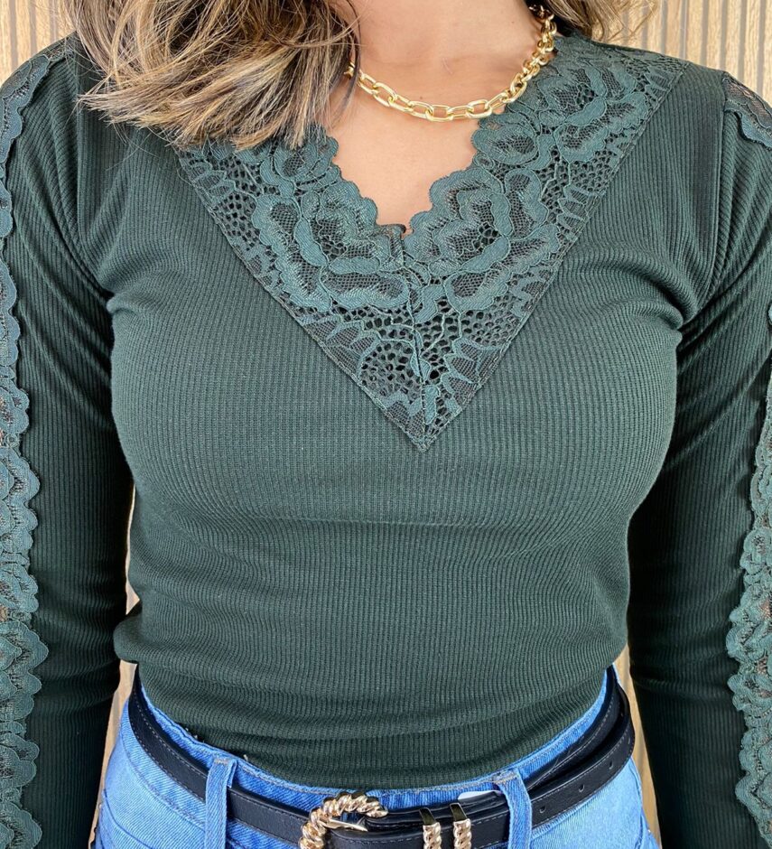 Blusa Manga em Renda Canelada Verde Militar - Fernanda Ramos Store