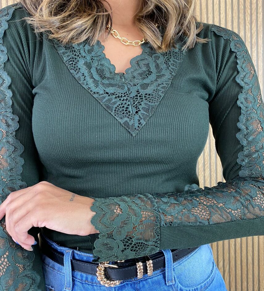 Blusa Manga em Renda Canelada Verde Militar - Fernanda Ramos Store