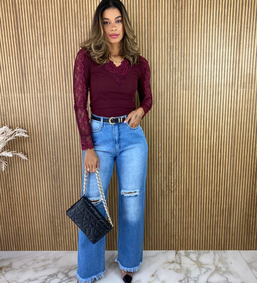 Blusa Manga em Renda Canelada Vinho Marsala - Fernanda Ramos Store