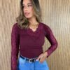 Blusa Manga em Renda Canelada Vinho Marsala - Fernanda Ramos Store