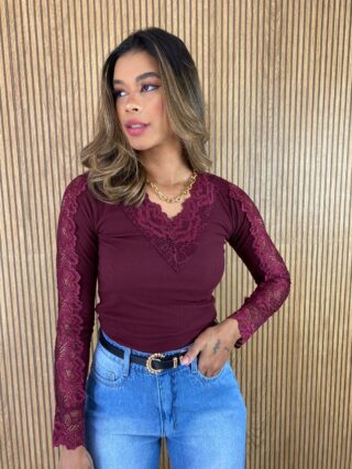 Blusa Manga em Renda Canelada Vinho Marsala - Fernanda Ramos Store