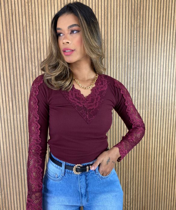 Blusa Manga em Renda Canelada Vinho Marsala - Fernanda Ramos Store