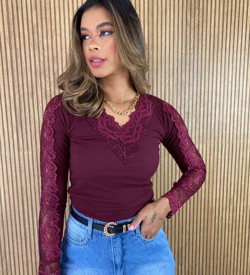 Blusa Manga em Renda Canelada Vinho Marsala - Fernanda Ramos Store