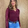 Blusa Manga em Renda Canelada Vinho Marsala - Fernanda Ramos Store