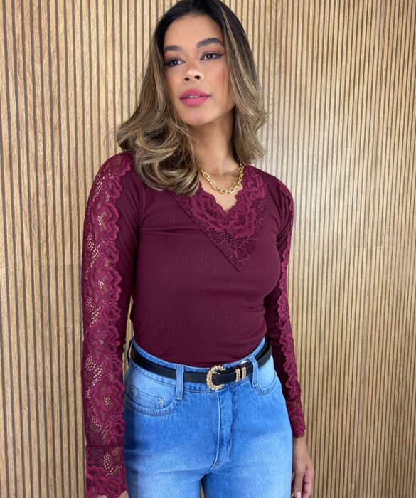 Blusa Manga em Renda Canelada Vinho Marsala - Fernanda Ramos Store