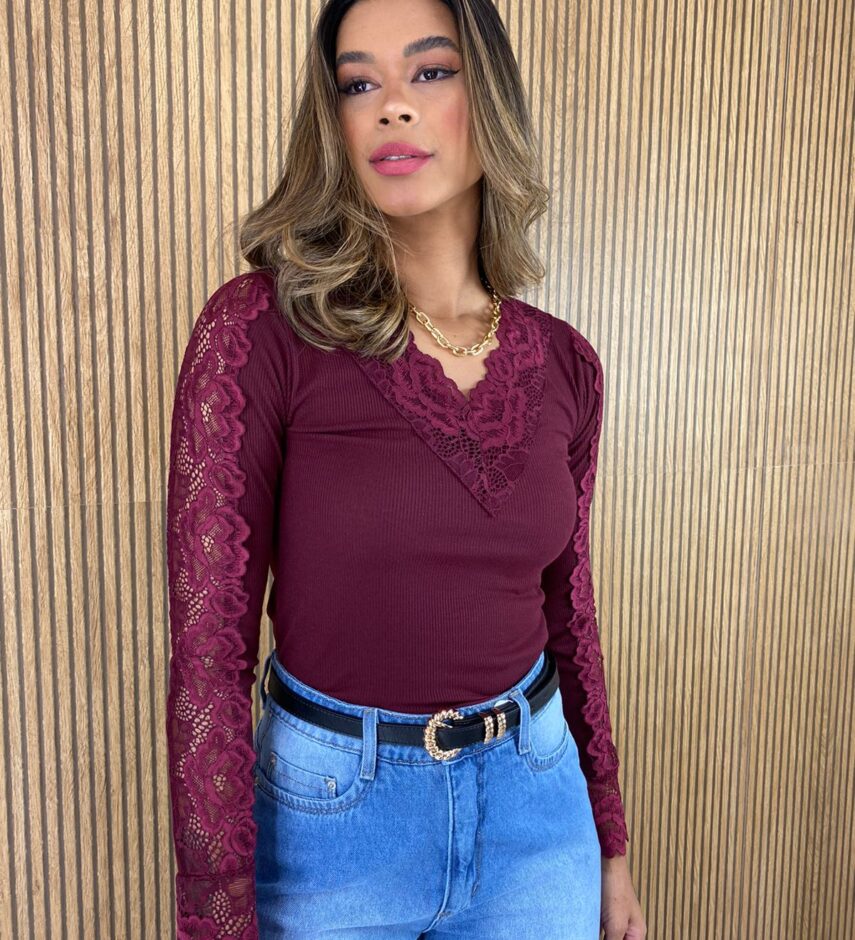Blusa Manga em Renda Canelada Vinho Marsala - Fernanda Ramos Store