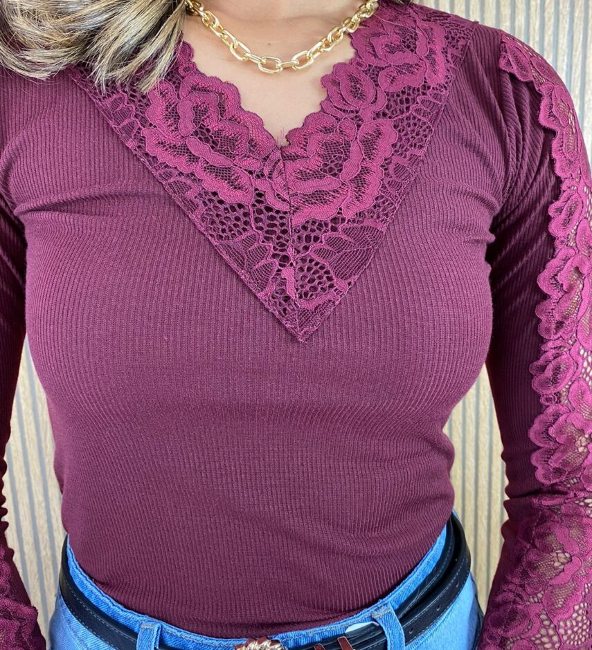 Blusa Manga em Renda Canelada Vinho Marsala - Fernanda Ramos Store