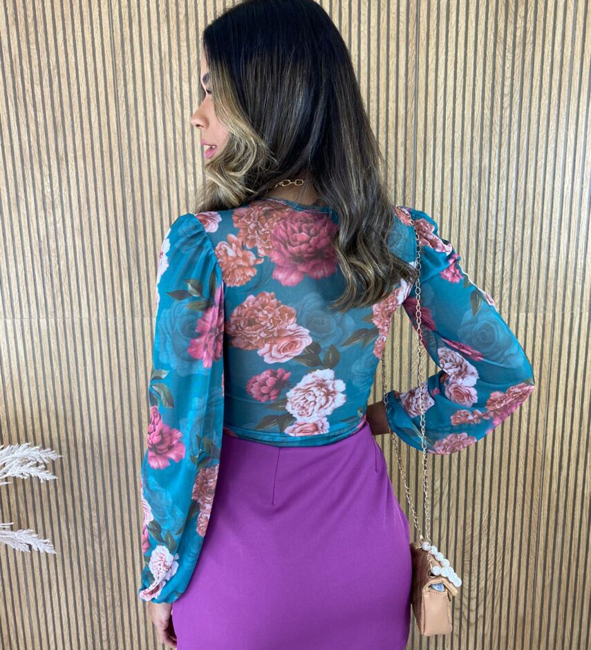 Body Feminino Tule sem Bojo Manga Longa  Floral Azul - Fernanda Ramos Store