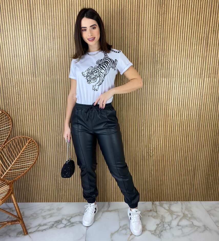 Calça Feminina Jogger Couro Eco Preta - Fernanda Ramos Store
