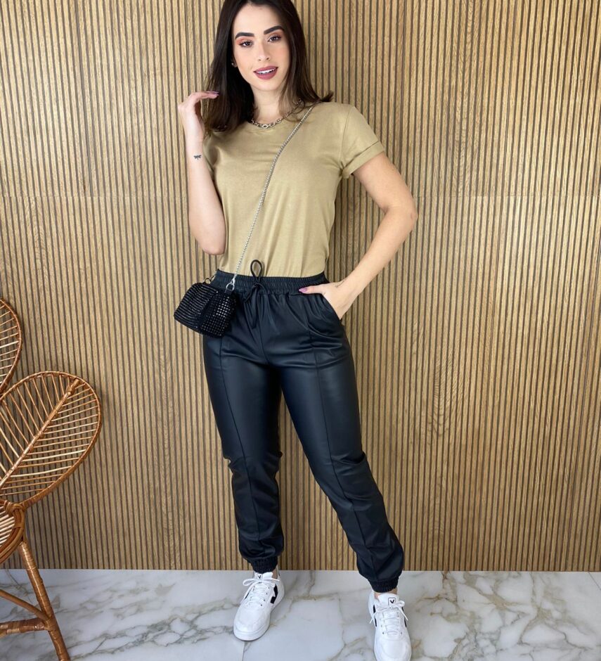 Calça Feminina Jogger Couro Eco Preta - Fernanda Ramos Store