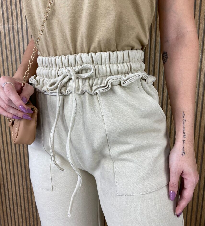 fernandaramosstore com br calca feminina moletom com bolso frontal amarracao bege 2