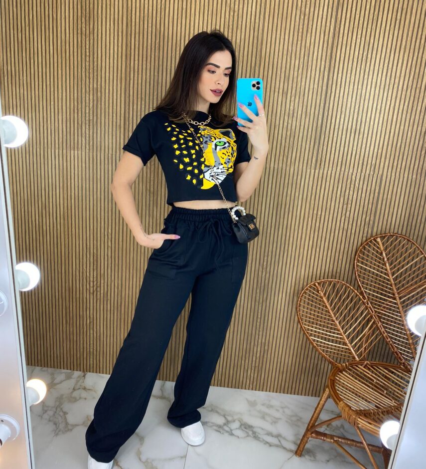 Calça Feminina Moletom com Bolso Frontal Amarração Preta - Fernanda Ramos Store