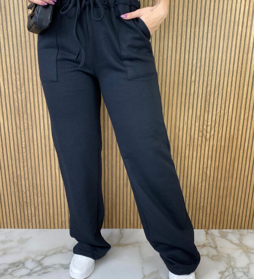 Calça Feminina Moletom com Bolso Frontal Amarração Preta - Fernanda Ramos Store