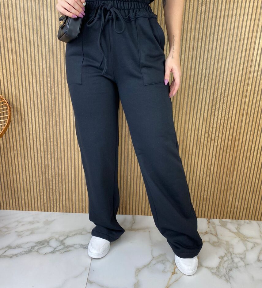 Calça Feminina Moletom com Bolso Frontal Amarração Preta - Fernanda Ramos Store