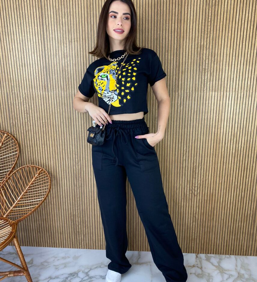 Calça Feminina Moletom com Bolso Frontal Amarração Preta - Fernanda Ramos Store