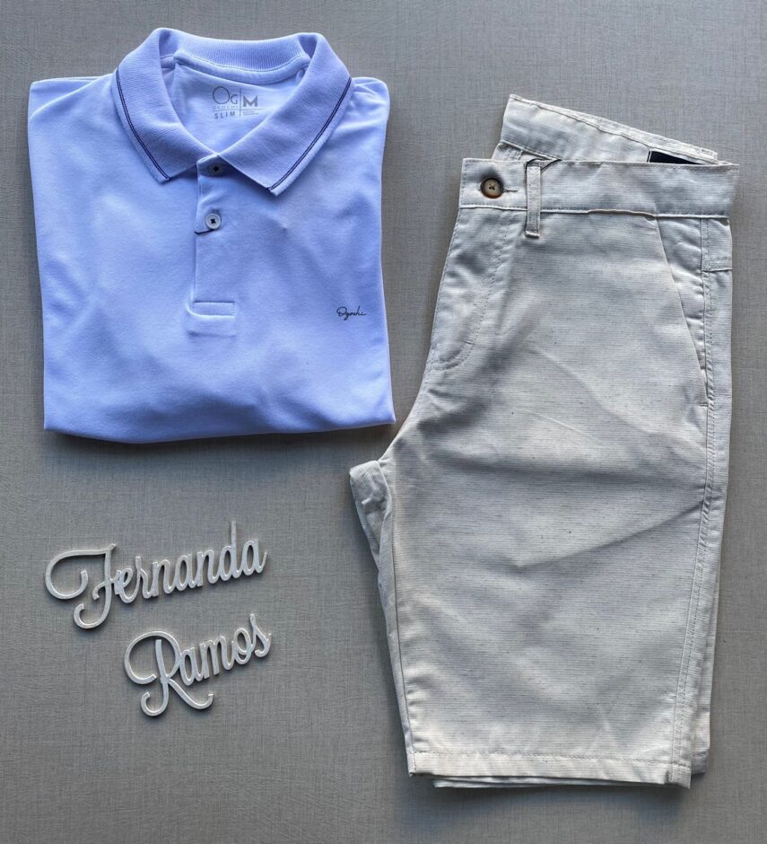 Camiseta Polo Casual Ogochi Branca Gola Detalhe em Azul 0001 - Fernanda Ramos Store