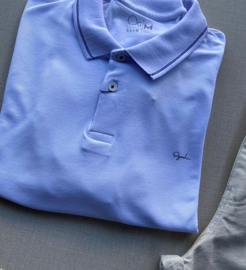 Camiseta Polo Casual Ogochi Branca Gola Detalhe em Azul 0001 - Fernanda Ramos Store
