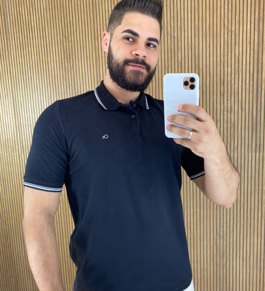 Camiseta Polo Casual Ogochi Preta Gola Detalhe em Branco 0005 - Fernanda Ramos Store