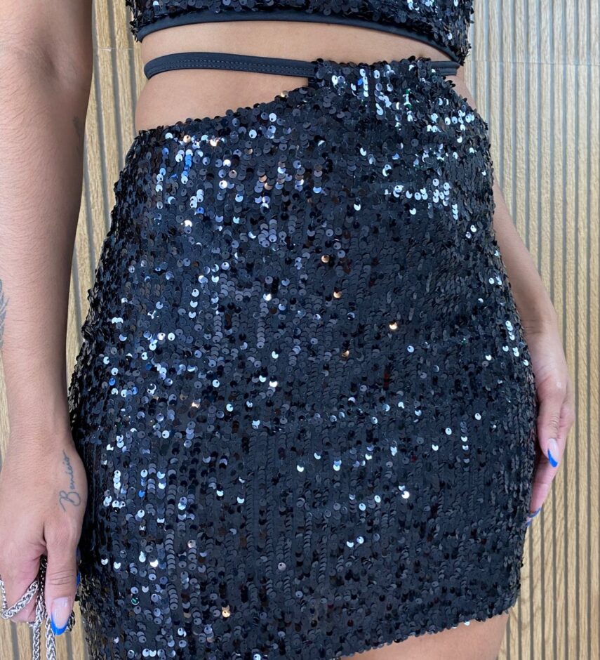 Conjunto Feminino Cropped e Saia Paetê Preto - Fernanda Ramos Store