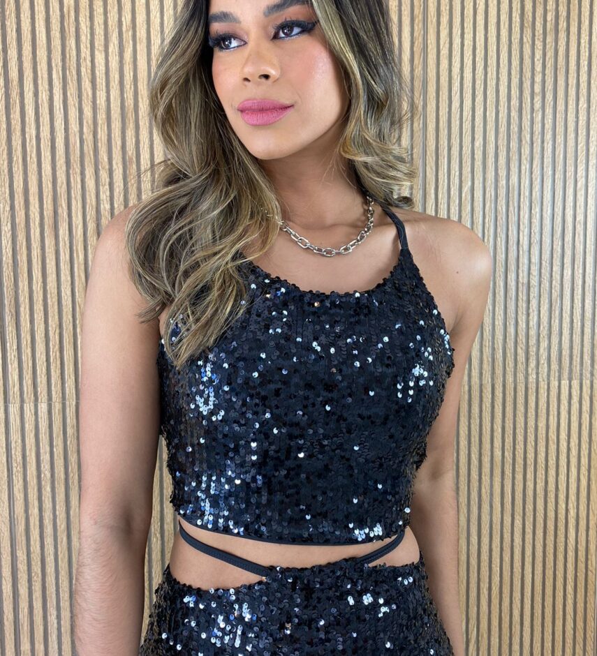 Conjunto Feminino Cropped e Saia Paetê Preto - Fernanda Ramos Store