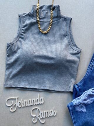 Cropped Feminino Canelado com Bojo Cinza - Fernanda Ramos Store