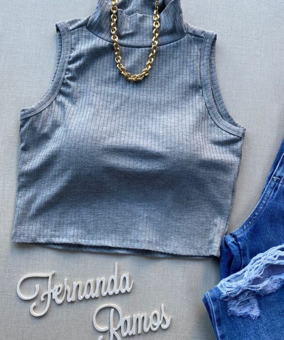 Cropped Feminino Canelado com Bojo Cinza - Fernanda Ramos Store