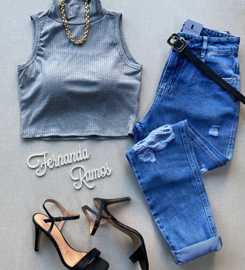 Cropped Feminino Canelado com Bojo Cinza - Fernanda Ramos Store