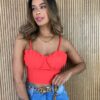 Cropped Feminino com Bojo Zíper nas Costas Alça Trançada Coral - Fernanda Ramos Store