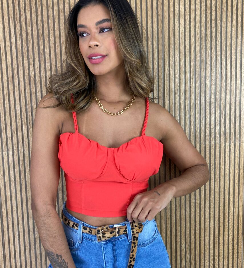 Cropped Feminino com Bojo Zíper nas Costas Alça Trançada Coral - Fernanda Ramos Store