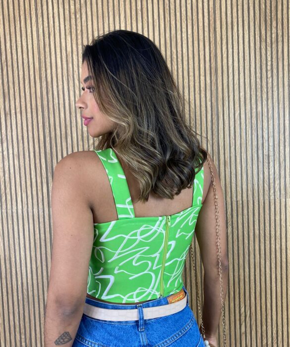 Cropped Feminino com Bojo Zíper nas Costas Estampado Verde - Fernanda Ramos Store