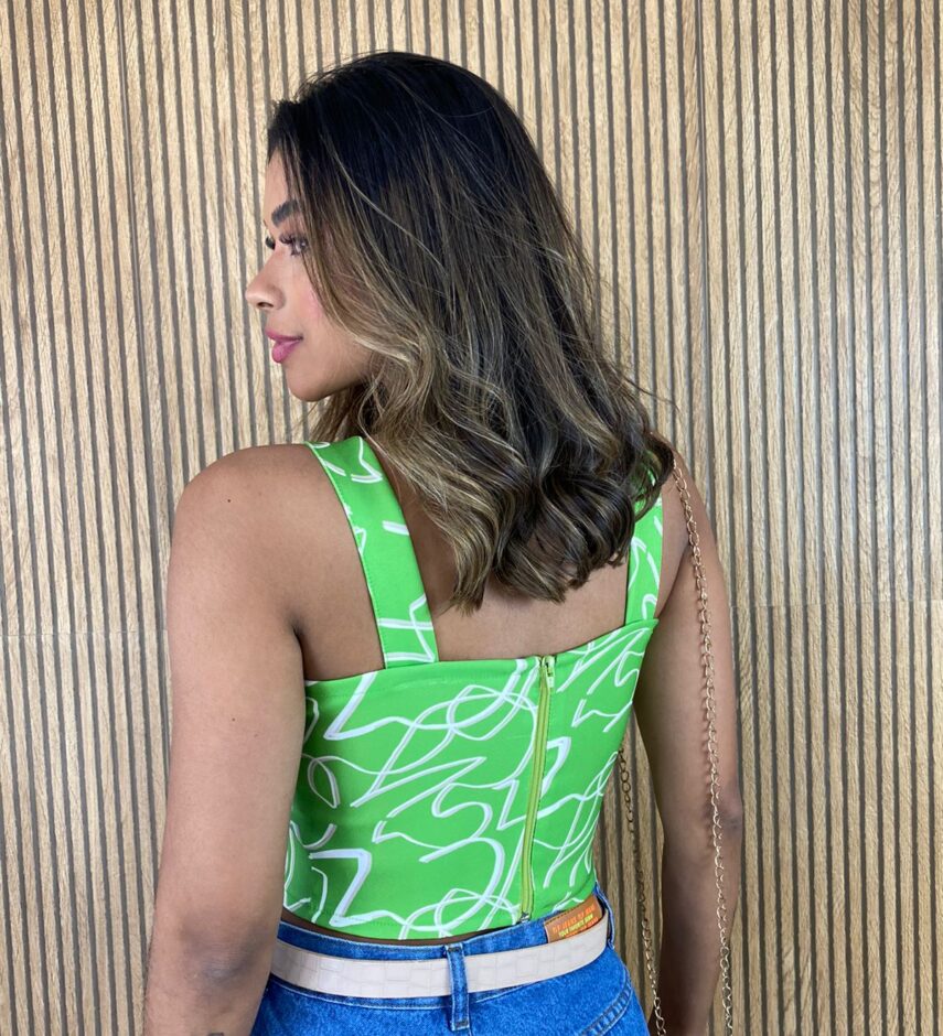 Cropped Feminino com Bojo Zíper nas Costas Estampado Verde - Fernanda Ramos Store
