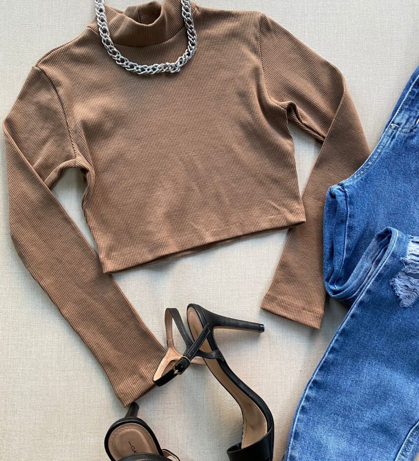Cropped Feminino Manga Longa Canelado Gola Terra - Fernanda Ramos Store