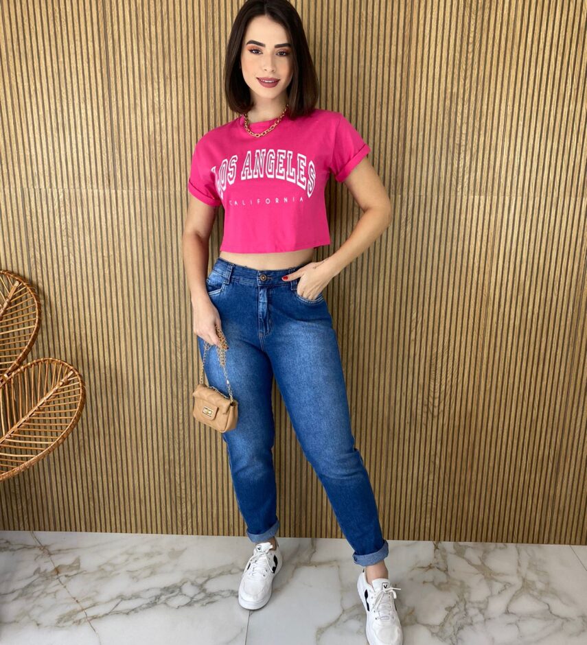 Cropped Feminino sem Bojo Estampado Los Angeles Pink - Fernanda Ramos Store