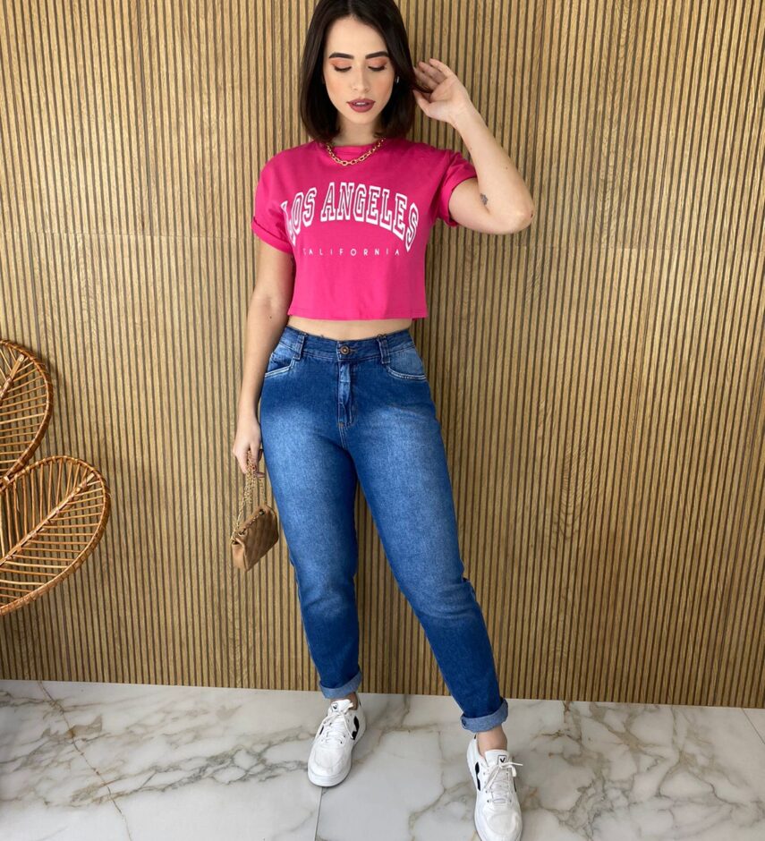 Cropped Feminino sem Bojo Estampado Los Angeles Pink - Fernanda Ramos Store