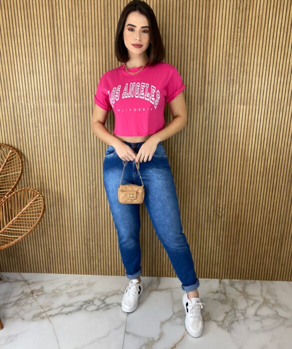 Cropped Feminino sem Bojo Estampado Los Angeles Pink - Fernanda Ramos Store