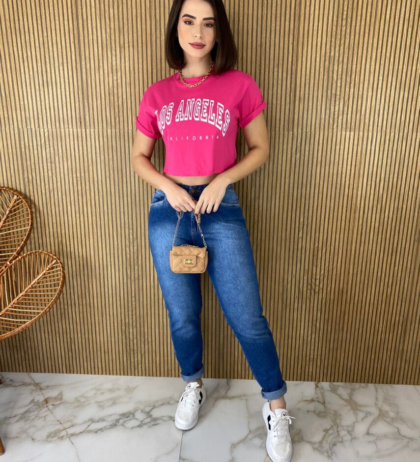 Cropped Feminino sem Bojo Estampado Los Angeles Pink - Fernanda Ramos Store