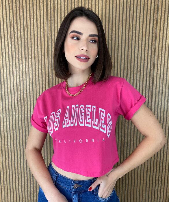 Cropped Feminino sem Bojo Estampado Los Angeles Pink - Fernanda Ramos Store