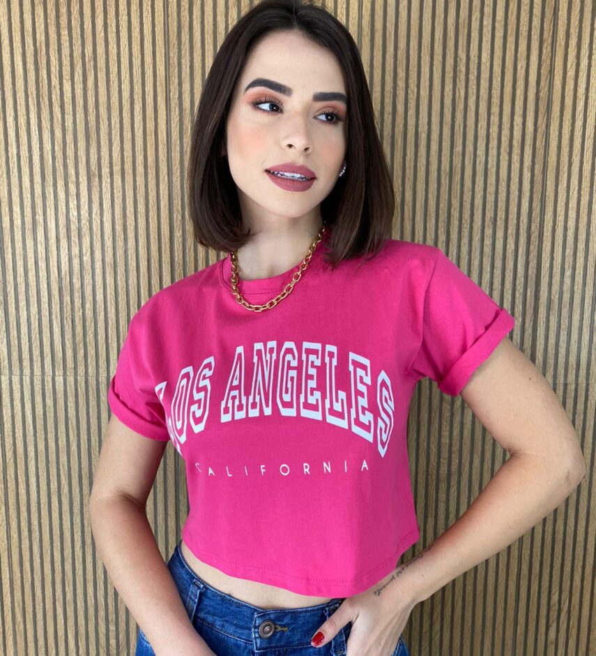 Cropped Feminino sem Bojo Estampado Los Angeles Pink - Fernanda Ramos Store
