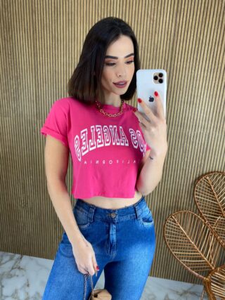 Cropped Feminino sem Bojo Estampado Los Angeles Pink - Fernanda Ramos Store