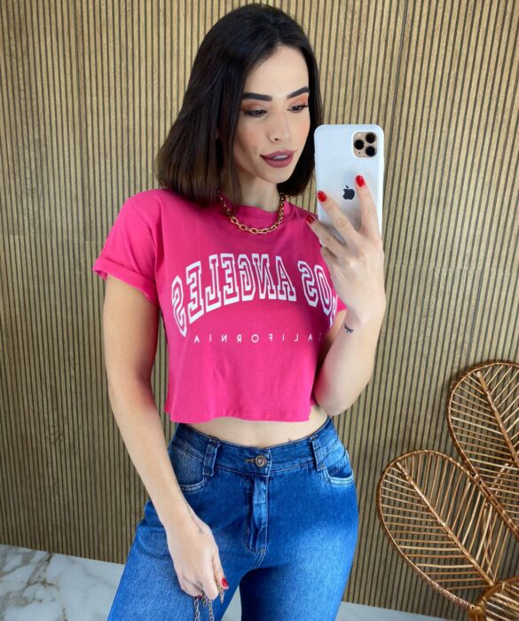 Cropped Feminino sem Bojo Estampado Los Angeles Pink - Fernanda Ramos Store